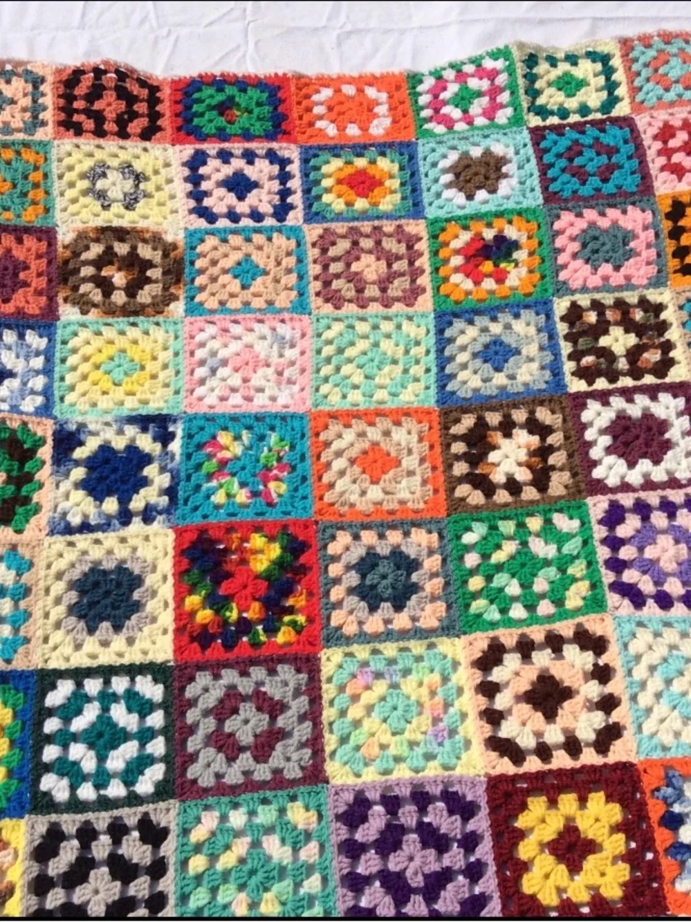Vintage Handmade Colorful Crochet Granny Square Blanket